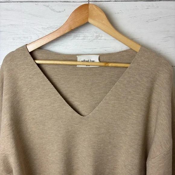 Aritzia Wilfred Free Souvenir Sweater Heather Taupe V Neck 3/4 Sleeve Oversized - Picture 6 of 15